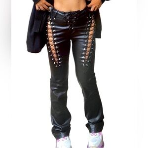 xxxiticat Lace Up PU Leather Pants Chic High Waist Hollow Out Drawstring Bandage